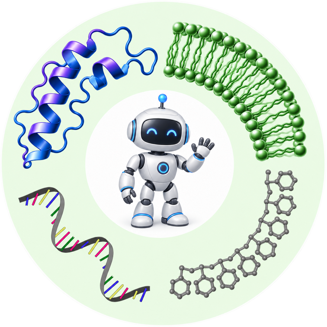 A robot surrounded by protein, RNA, lipid, and polymer structures